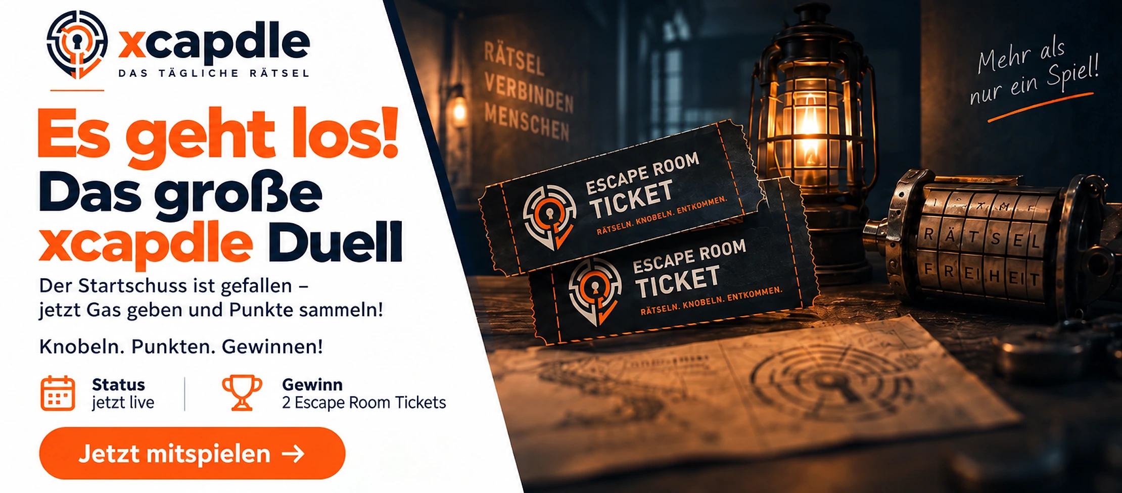 Es geht los! Das große xcapdle Duell — Knobeln. Punkten. Gewinnen. Status: jetzt live, Gewinn: 2 Escape-Room-Tickets